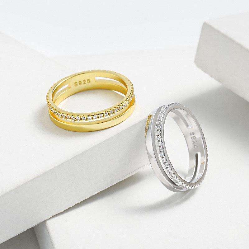 S925 Sterling Silver Women s Diamond Inlaid Double Layer Hollow Round Ring – European & American Fashion Style Size 9 золотой
