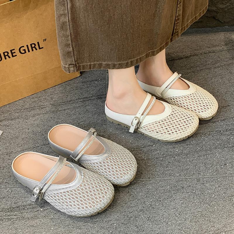 Half Slippers Women's Summer Wear Fisherman Baotou Flat Bottom Sandals Inner Height Increase One Pedal Mesh Breathable 2025 Weaving