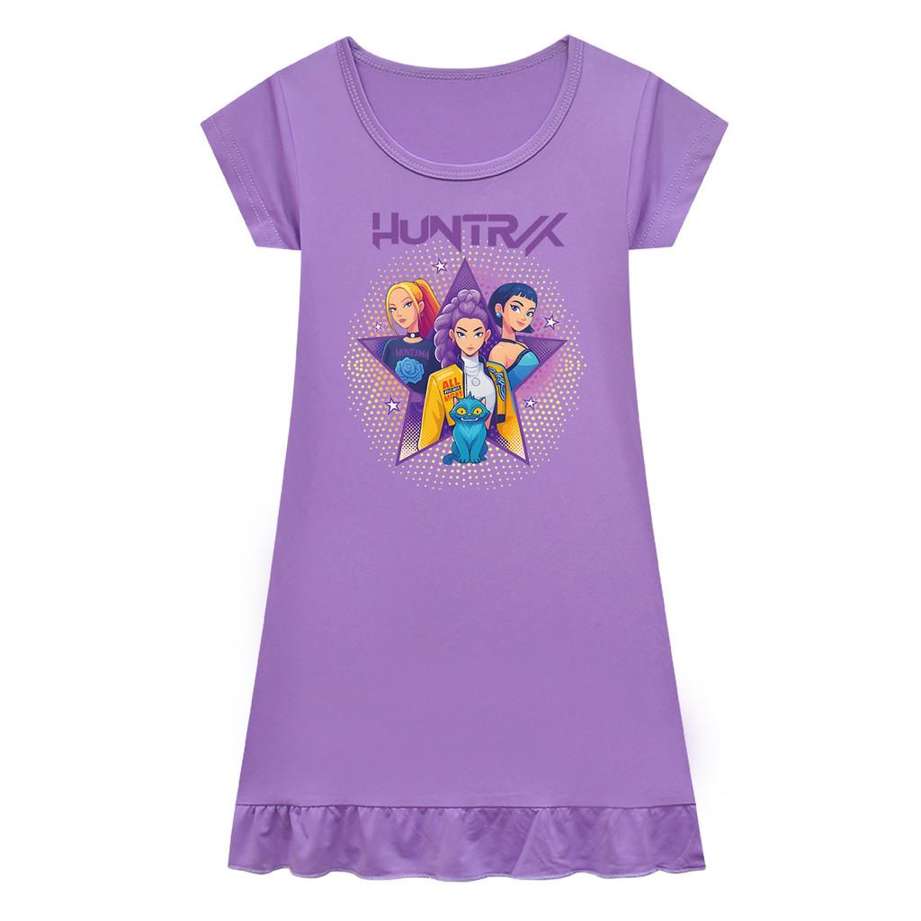 Kids Girls Anime Cartoon K-POP Rumi Print Pleat Short Sleeve Casual Round Neck Dress