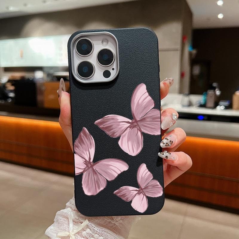 Pink Butterfly Pattern Leather Texture Slim Soft Phone Case For iPhone 16 Pro Max 15 14 Pro 13 12 11 TPU Matte Lens Protection Shockproof Bumper Cover