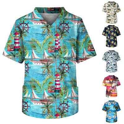 Men's Short Sleeve V-Neck Summer Print Chest Pocket Care Worker Top