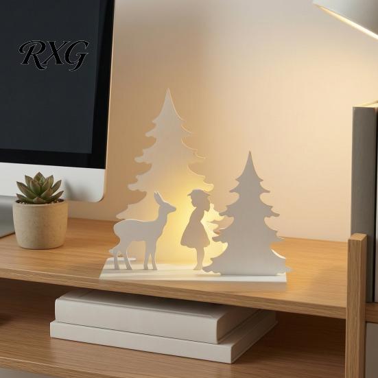 Christmas Tree Girl Silhouette Reindeer Tabletop Decor, 3D Printed Fairy Tale Forest Creative Gifts for Women with Tree, DIY Ornament Home Office Desk