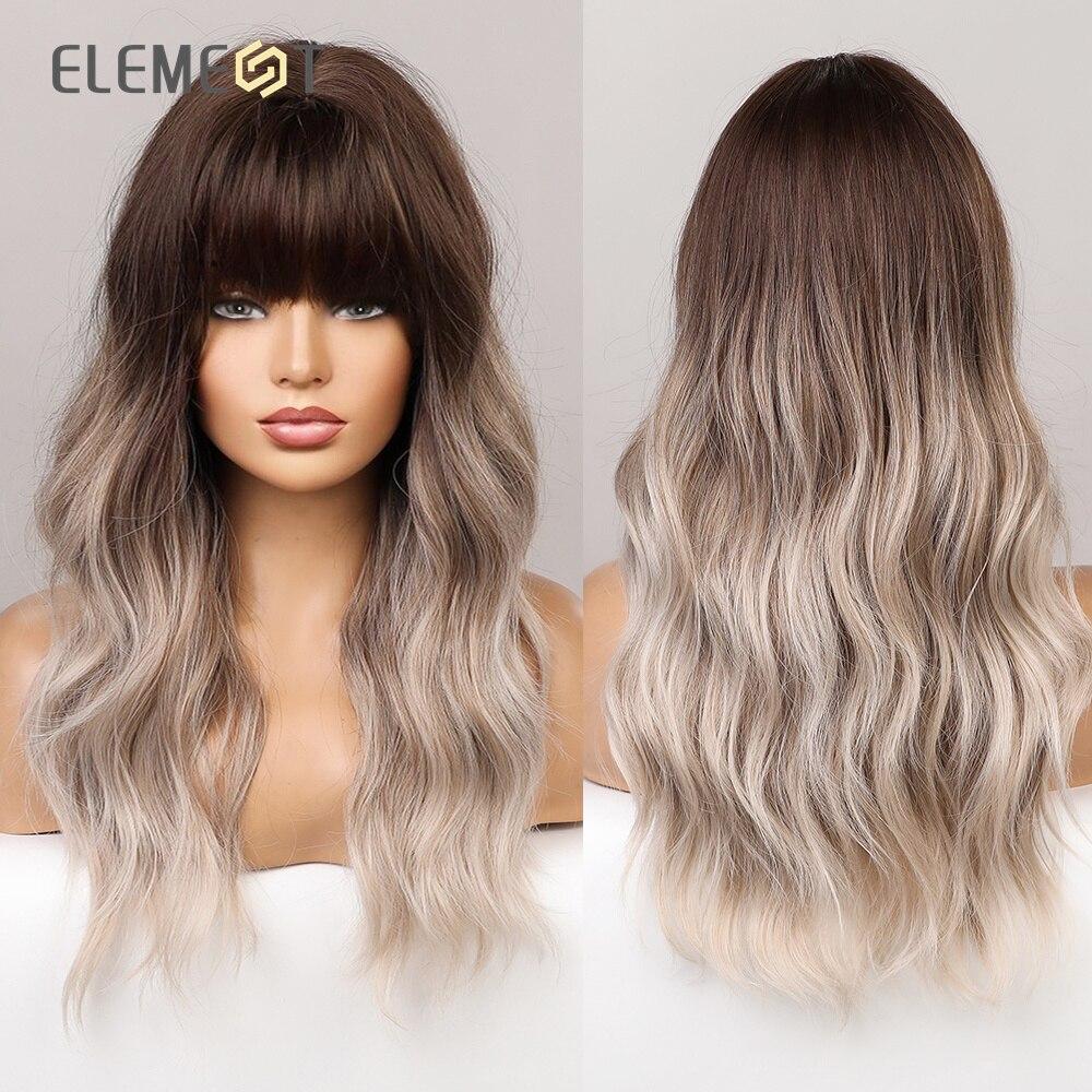 Synthetic Wig Long Medium Water Wavy Ombre Dark Brown with Bangs Wigs for Women Party Daily Hair Heat Resistant Natural