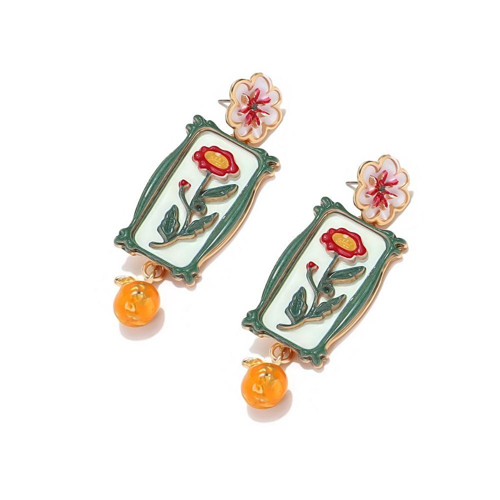 Creative Enamel Flower Dangle Earrings Painting Charm Metal Geometric Stud Earrings Alloy Jewelry Accessories