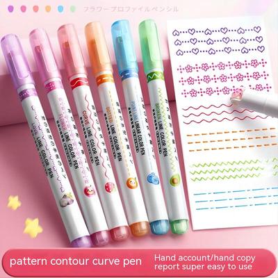 6 Bucăți Pixuri Highlighter cu Formă de Linie Florală, Vârf cu Role, Marker Linie Curbată, Scriere, Jurnalizare, Papetărie pentru Desen, Kawaii