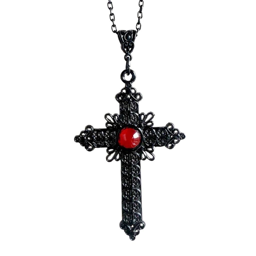 Gothic Cross Necklace With Red Crystal Pendant For Women And Men