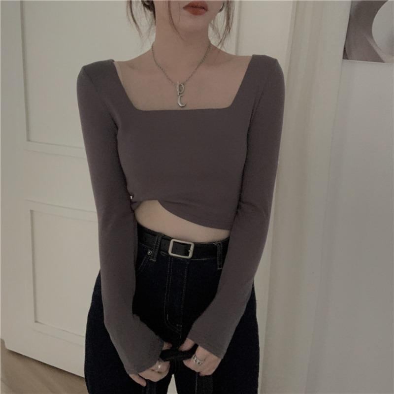 Square Neck Short Top Women's Base Shirt Long Sleeved T-shirt
