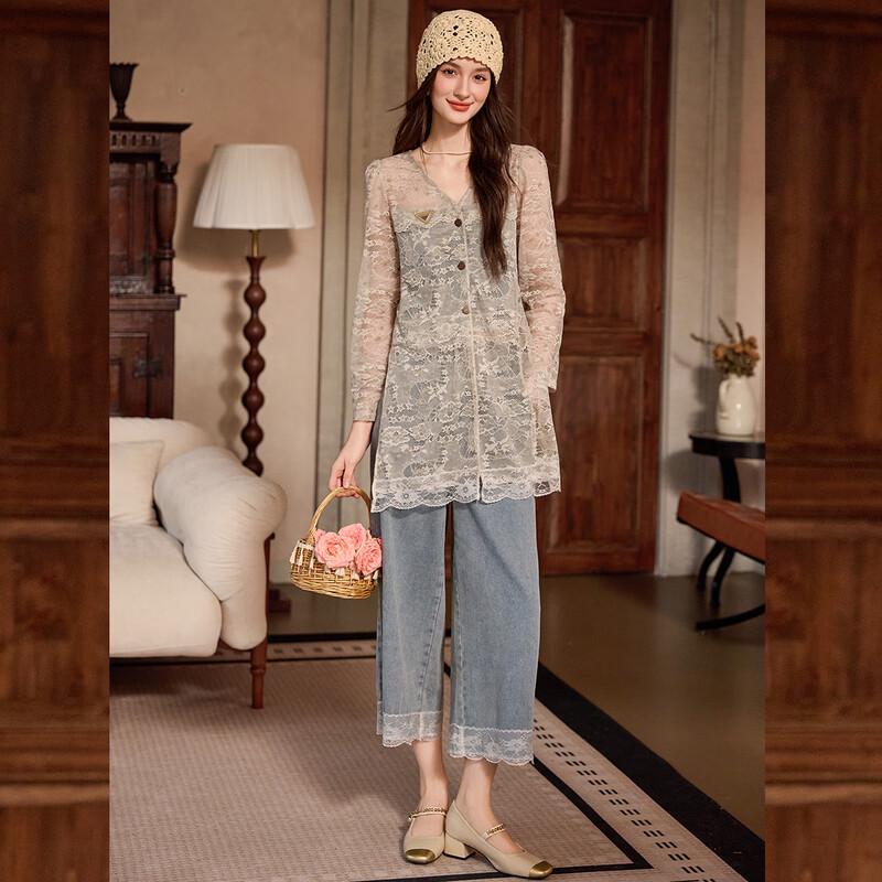 Женский кружевной топ и джинсовый комплект с капри S