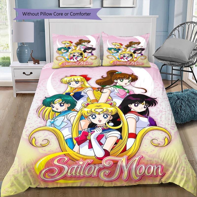 Anime Sailor Moon Group 3 Piece Bedding Set, Pink Magical Girl Duvet Cover Set