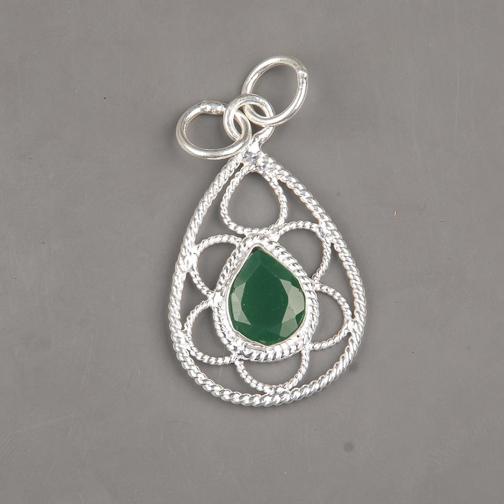 Facettierter Grüner Onyx Schmuck, 925 Massiv Sterling Silber Anhänger Handgefertigter Edelsteinschmuck, Geschenke für Ehefrau Nagelneuer Anhänger