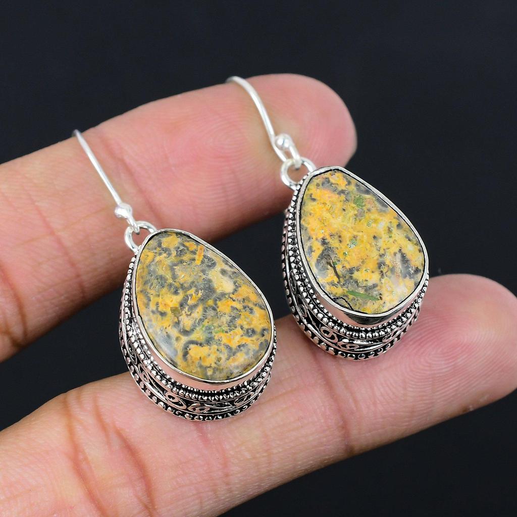 925 Silver Bumble Bee Jasper Stone Hook New Vintage Drop Dangle Earrings Jewelry