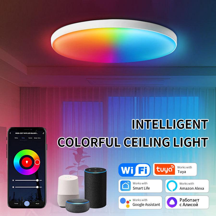 Tuya WiFi Smart Ultra-Thin Ceiling Lamp - Compatible with Alexa and Google, RGBCW Color for Bedroom