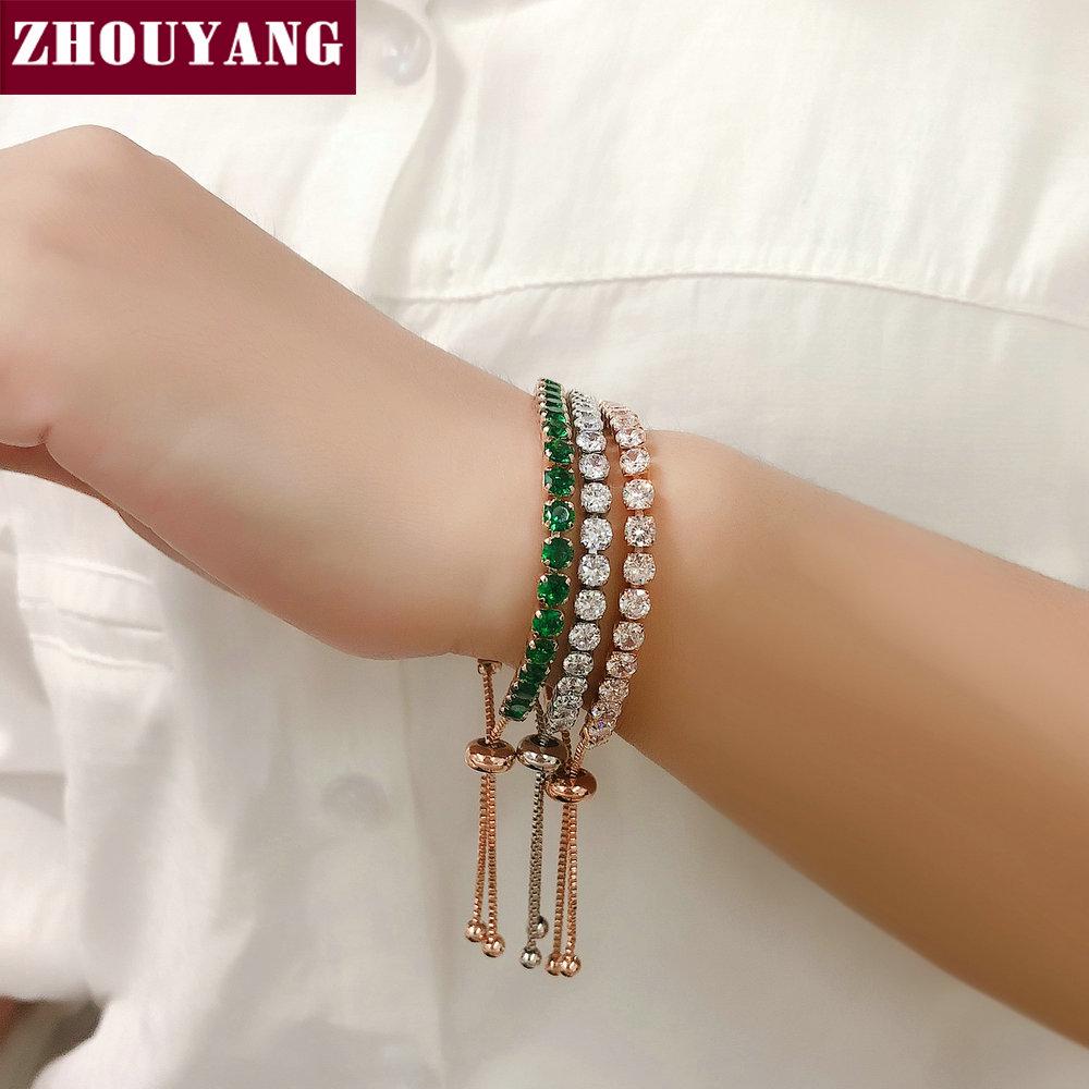 ZHOUYANG Tennis Bracelet For Women Luxury Handy Adjustable 4 Claws Mosaic 4mm Zirconia Rose Gold Color Fashion Jewelry Gift H133