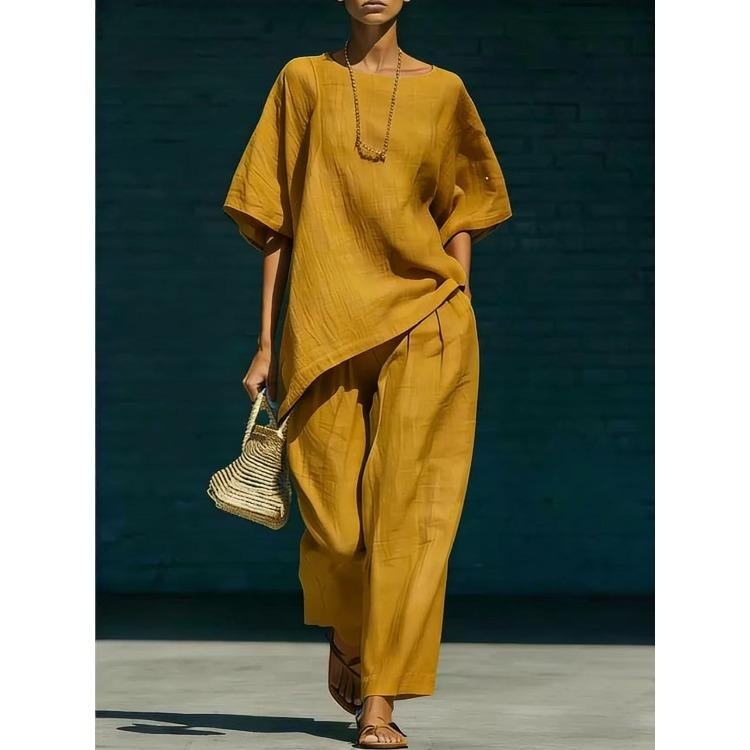 Completo da donna a tinta unita con scollo rotondo, maniche corte e pantaloni a gamba larga, casual, vestibilità larga, tuta estiva