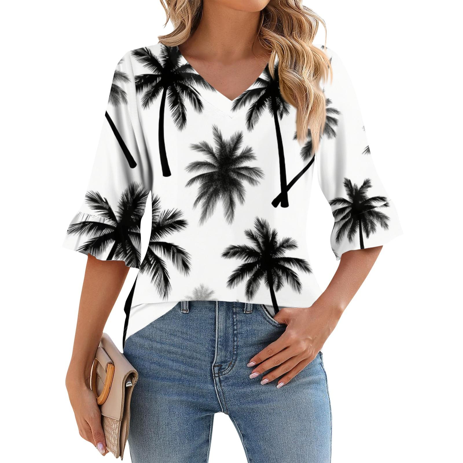 

Женская повседневная футболка с рукавом 3/4, летняя футболка с V-образным вырезом и пышными рукавами, гавайский принт XXXL бежевый