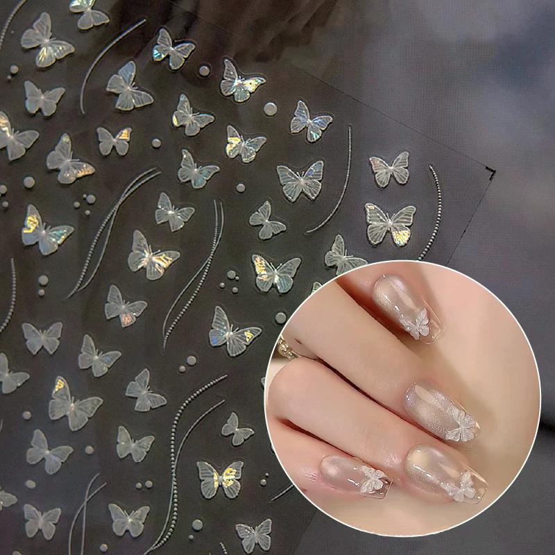 Shell Light White Butterfly Nail Stickers Glitter Adhesive Sticker Art Decoration Cute Diy Salon For Home Use High Quality