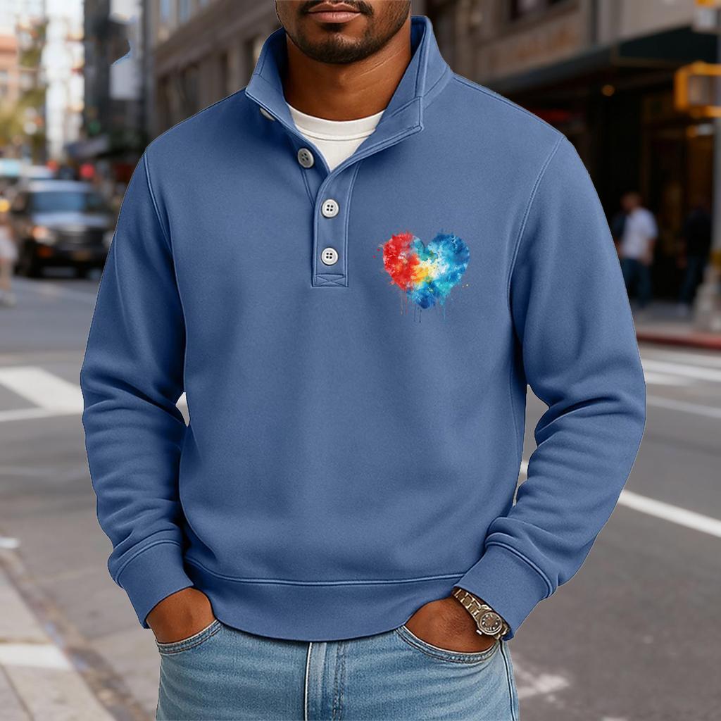 Men's Casual Stand-Up Collar Long-Sleeve Top Print Button-Down Sweatshirt