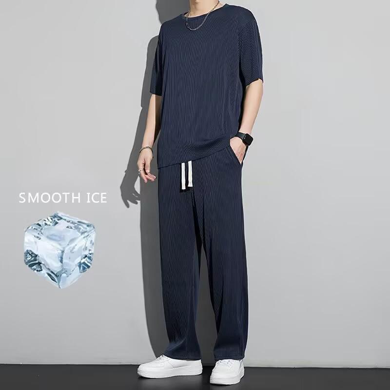 Spring Summer Men's Quick Dry Models Plus Size Solid Colour Thin Short Sleeved T Shirt + Trousers Sports Two Piece Set