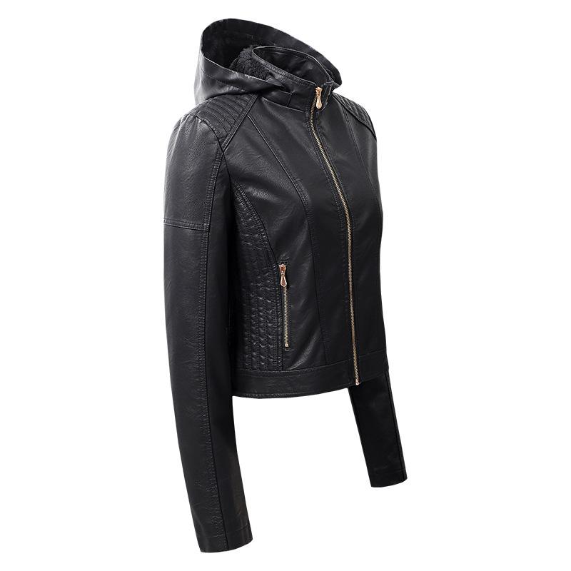 2022 Women's PU Leather Jacket with Detachable Hood - Stylish European & American Fashion Coat