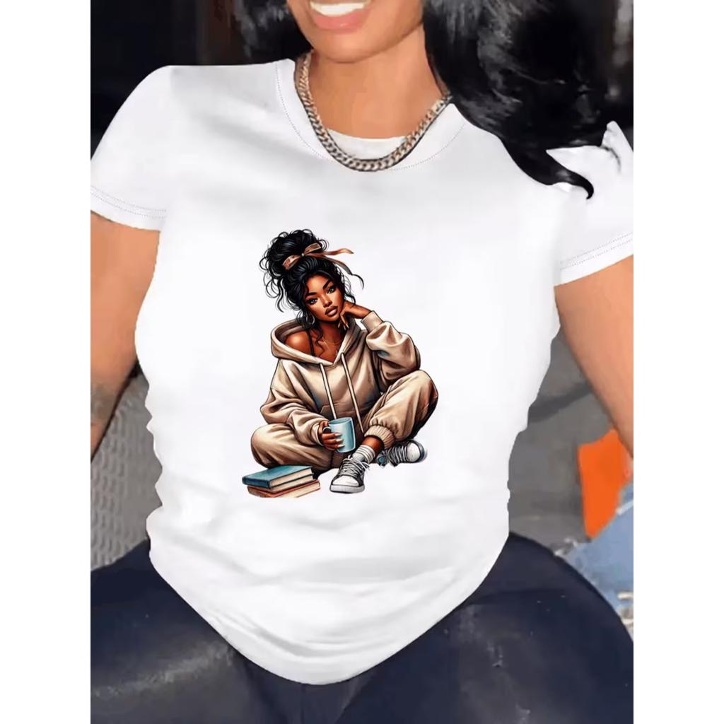 Graphic Print Girl T-Shirt for Women Casual Short Sleeve Tee Comfortable Crew Neck, Soft Adorable Tees Tops