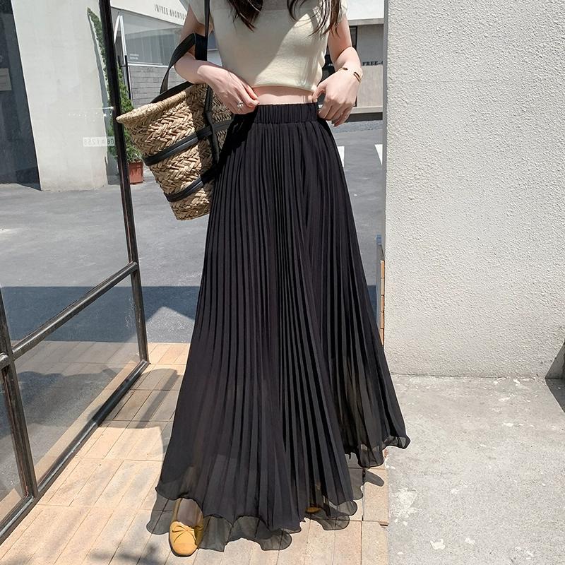 

DIMANAF 2025 Women New Summer Skirts Chiffon Solid Elastic Waist Pleated Mesh Elegant Skirts One Size