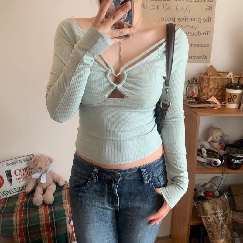 

Экспорт Встроенный нагрудный вкладыш Сердечная пряжка V-образный вырез Вязаный базовый топ Футболка с длинным рукавом Peach powder (Yan No.2 color XL