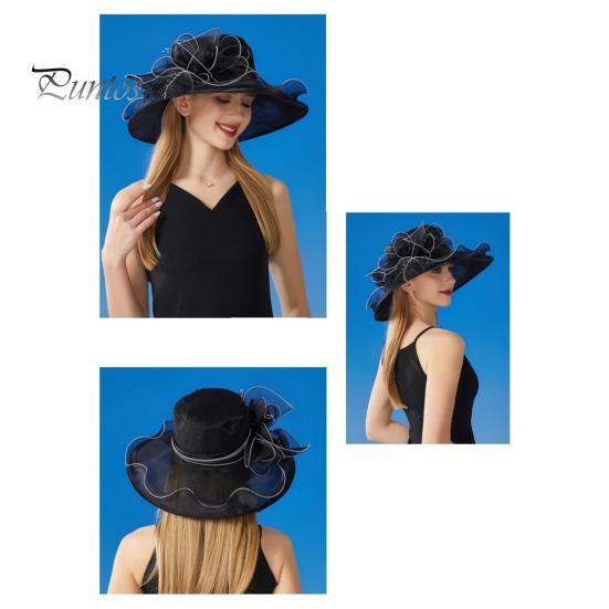 Chapeau de soleil à large bord en organza avec fleurs et plumes, protection UV, matériau translucide, pour femme