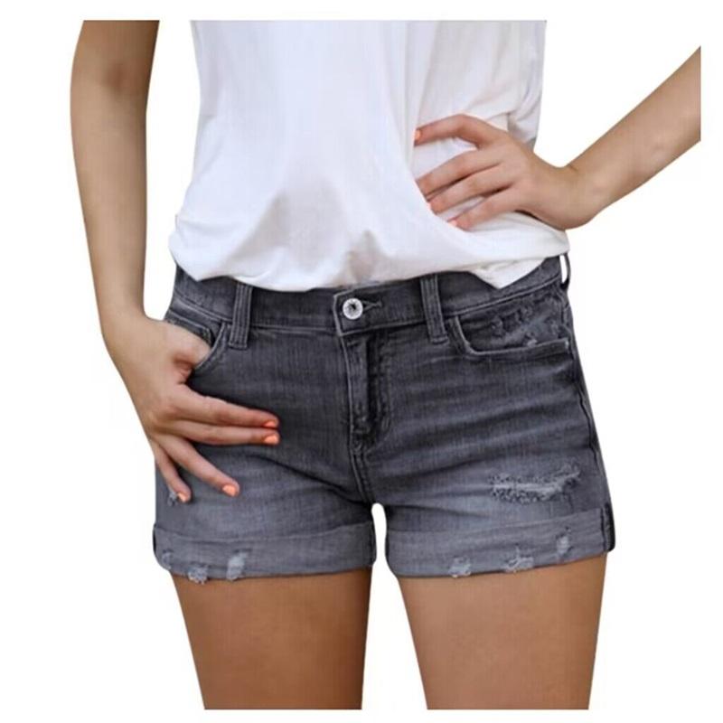 Stretchy Slim Hole Breaking Fringe Denim Shorts Damen