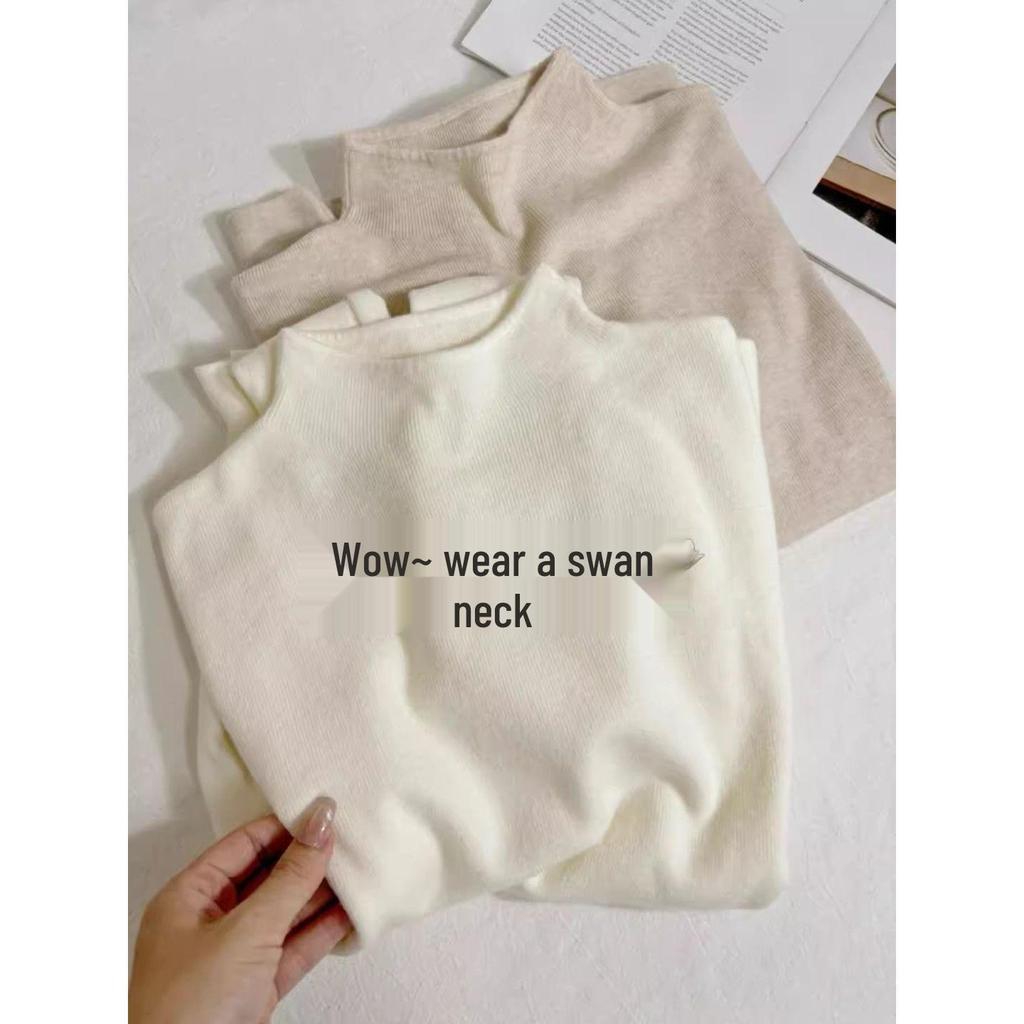 Versatile Slim-Fit Long Sleeve Knit Top - Semi-High Neck, Solid Color, Perfect for Autumn and Winter
