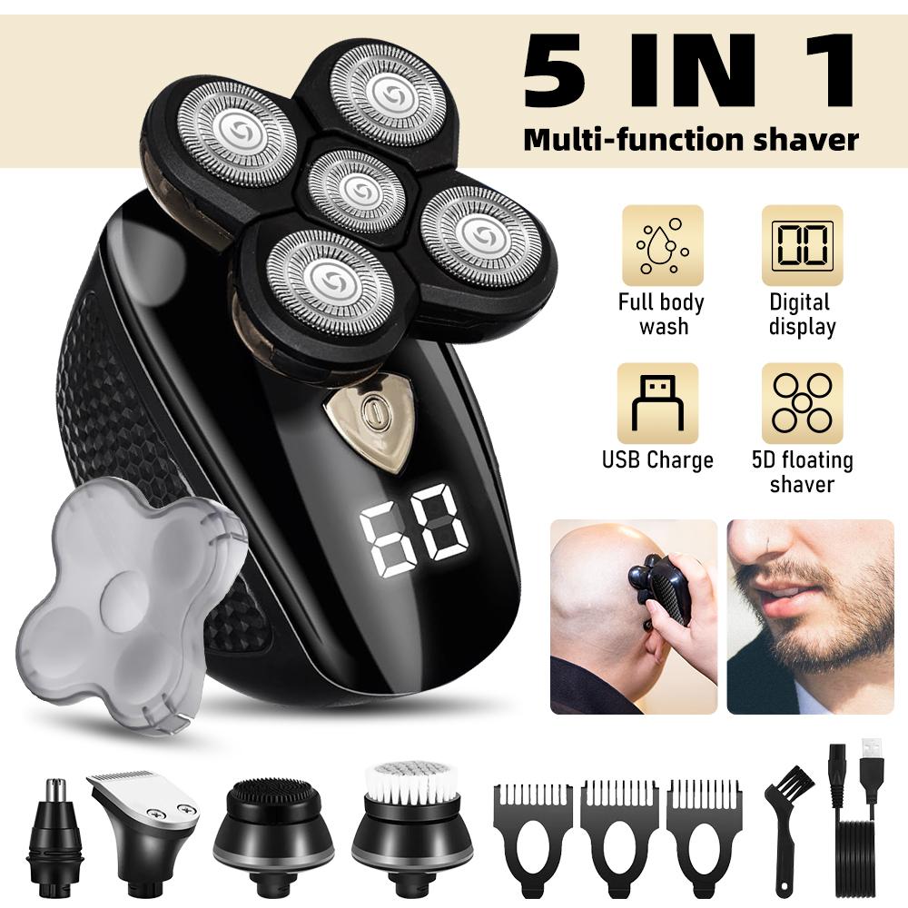 4D Head Shavers for Bald Men 5-in-1 Rechargeable Waterproof Wet Dry Bald Head Shavers Beard Contour Hairdressing Beauty Kit