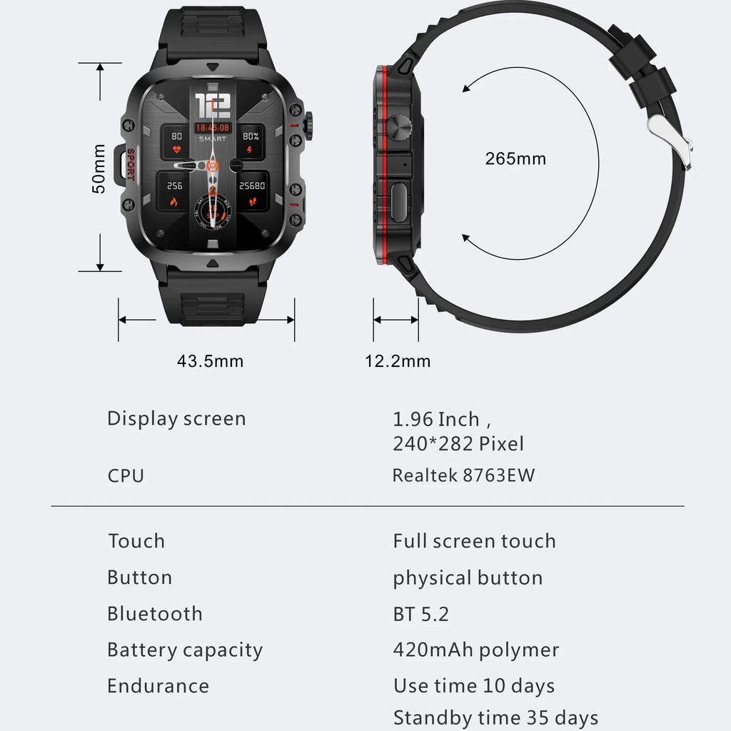2024 Outdoor Military 3ATM Waterproof Smart Watch Men 420mAh Battery Heart Rate Sports Fitness Watches Bluetooth Call Smartwatch