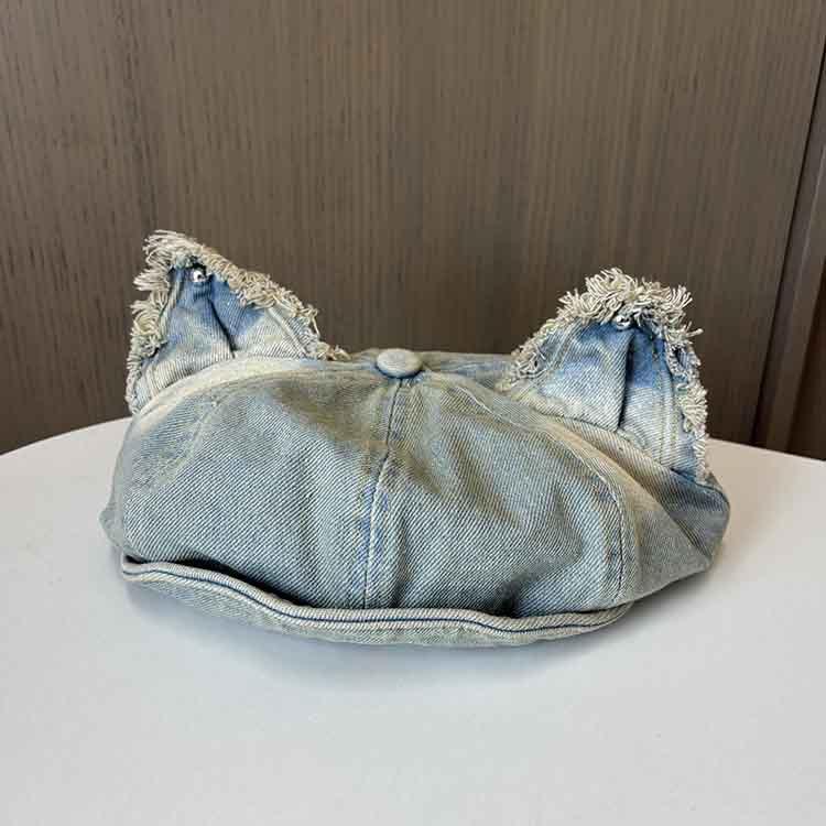 Japanese Short Brim Cute Cat Ear Washed Retro Octagonal Hat Children Versatile Literary Retro Cowboy Newsboy Beret