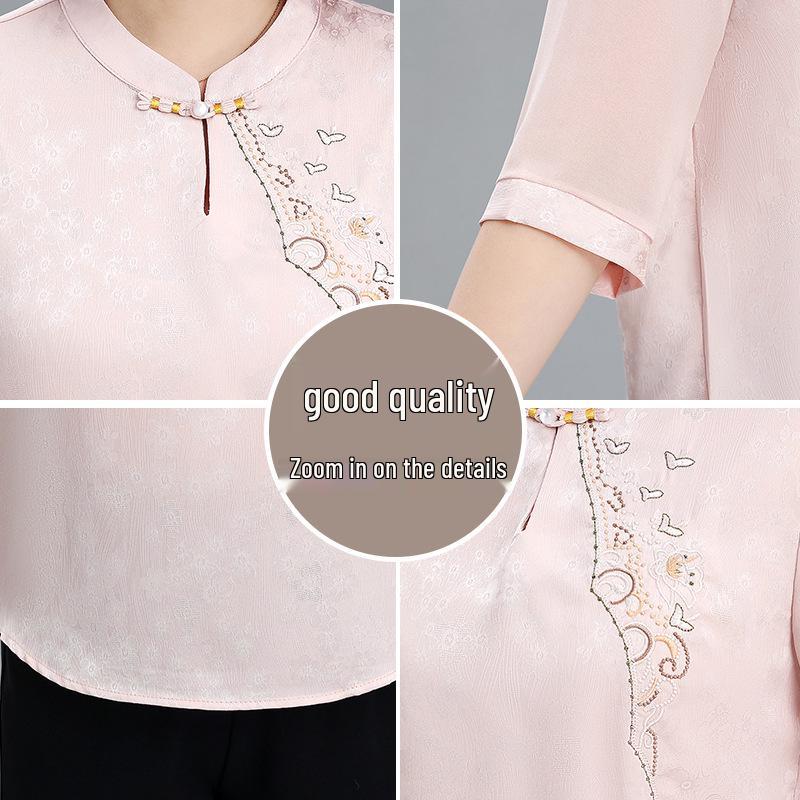 Spring & Summer Chinese Style Embroidered Chiffon Blouse for 50-Year-Old Women with Seven-Point Sleeves