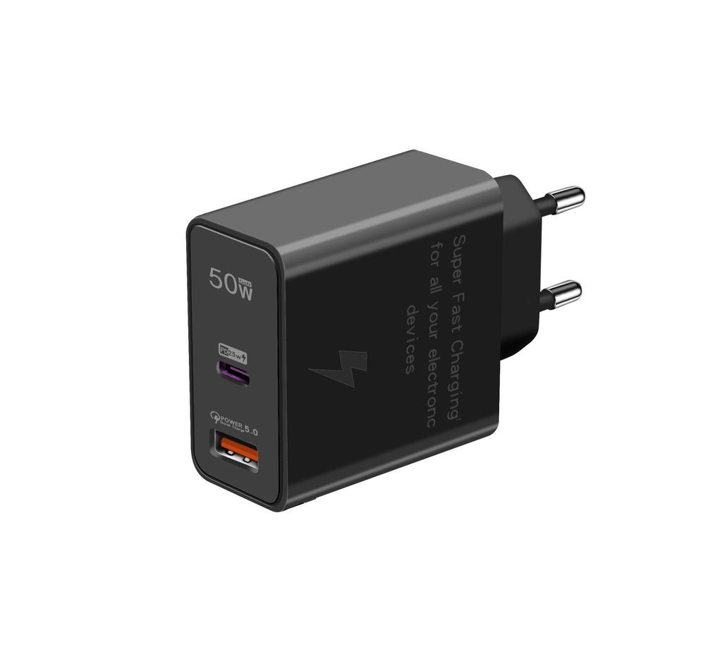 50W Dual-Port Charger, Compatible with Samsung, Huawei, and Apple Phones, PD Fast Charging Adapter for EU/US/UK Standards.