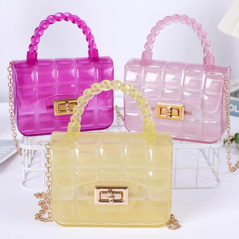 girls Grid Mini Crossbody Fresh Sweet PVC Jelly Bag Wholesale Foreign Trade Crossbody Purse With Lock Buckle Chain Candy Color