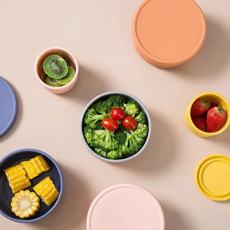 250/700ml Vegetable Salad Food Storage Fresh Bowl Kitchen Silicone Bento Box with Lid Round Fresh-keeping Lunch Box