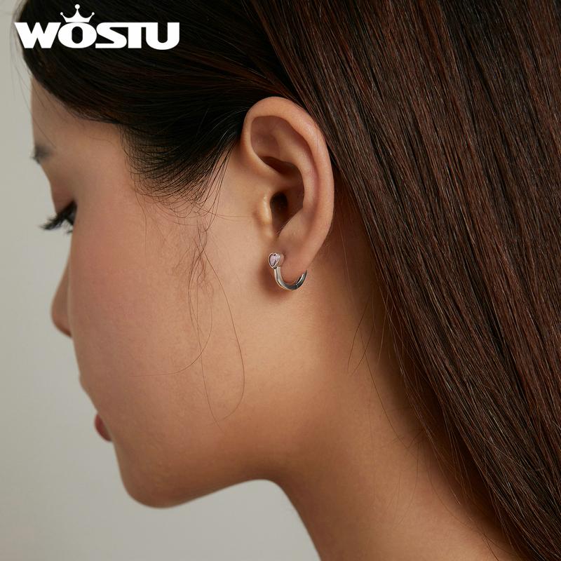 WOSTU 925 Sterling Silver Pink Heart Stud Earrings Ear Buckles Heart-Shaped Earrings For Women Fine Silver Jewelry