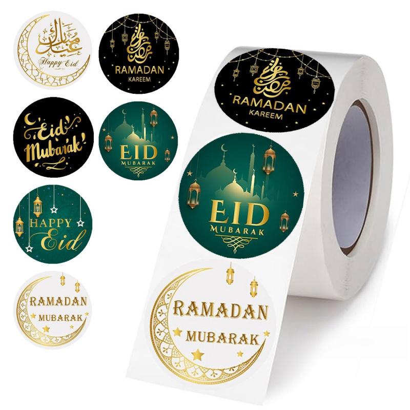 500Pcsroll Middle East Ramadan Stickers Arabic Eid Moon Oil Lamp Gift Envelope White Green Gold Seal Stickers Southeast Asia