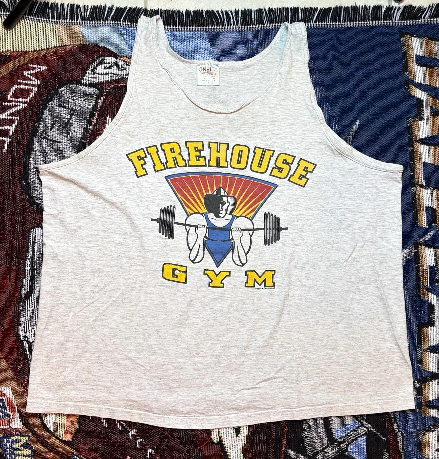 Vintage Firehouse Gym Shirt Tank Top Gray Distress Mens XL 90s Powerhouse Parody S