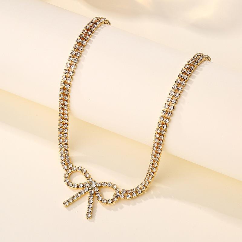 New Accessories Fashion Multi-layer Diamond Bow Necklace Ladies Alloy Bow Pendant