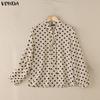 VONDA Elegant Women Tie V Neck Long Sleeve Polka Dots Casual Blouse Tops