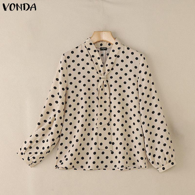 VONDA Elegant Women Tie V Neck Long Sleeve Polka Dots Casual Blouse Tops