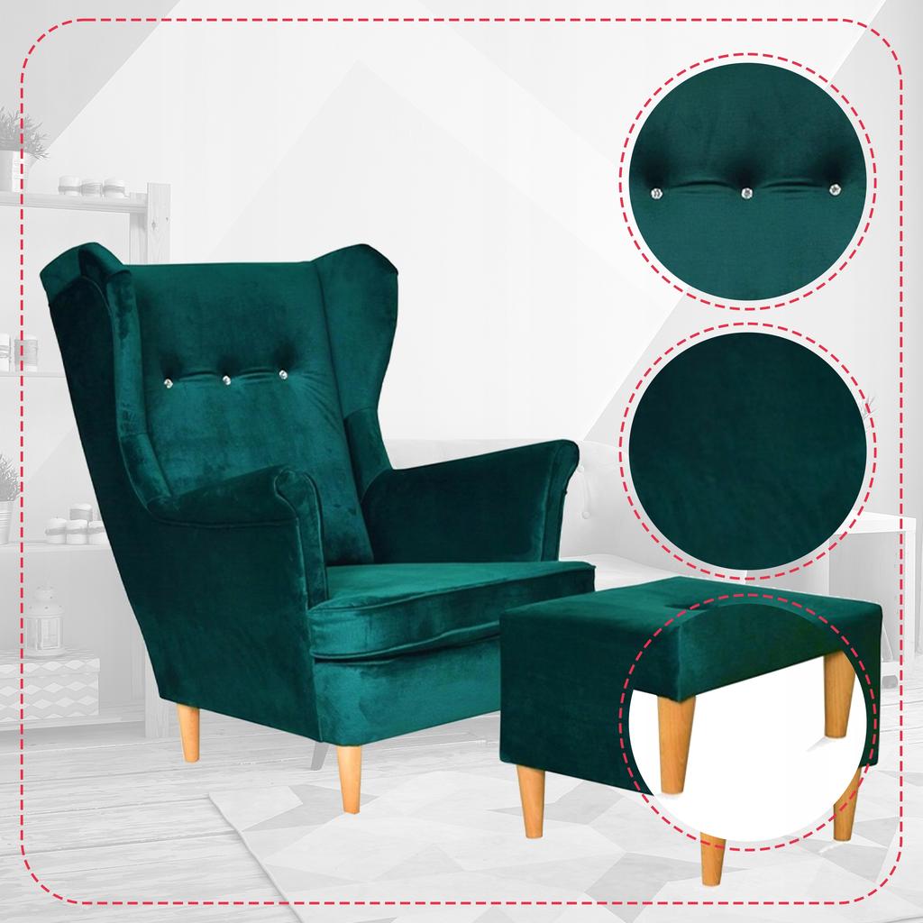 Ohrensessel ARI mit Fußhocker, skandinavisch Family Meble dunkelgrün