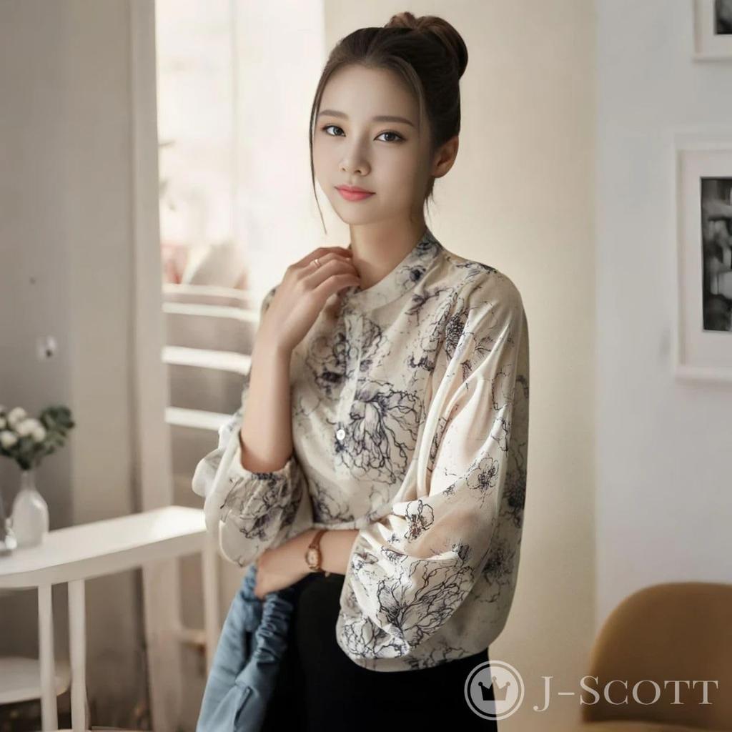 Flower Print Puff J-Scott Painting-Style Blouse, Collarless, Sleeves, Sheer, Lightweight, Refreshing, Ivory, JS46-IV-S