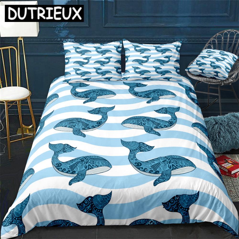 Ocean Soft durable Quality Duvet Cover Set Blue Whale Beding Set Sea Animal Bed Linen Striped Beds Set Children Kids Tens Home Textile Bedclothes