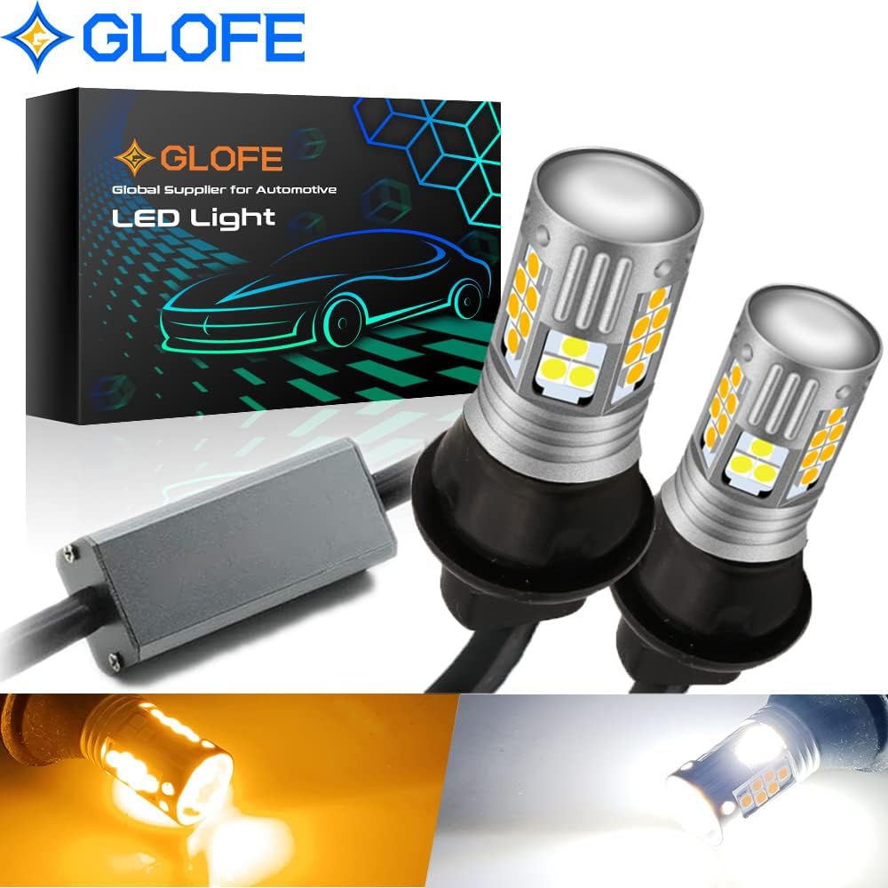 GLOFE 7443 7444 3030SMD Dual Color Type 2 Switchback DRL LED Turn Signal Light Bulbs with Hyper Flash Prevention and Error-Free Built-in Resistors,