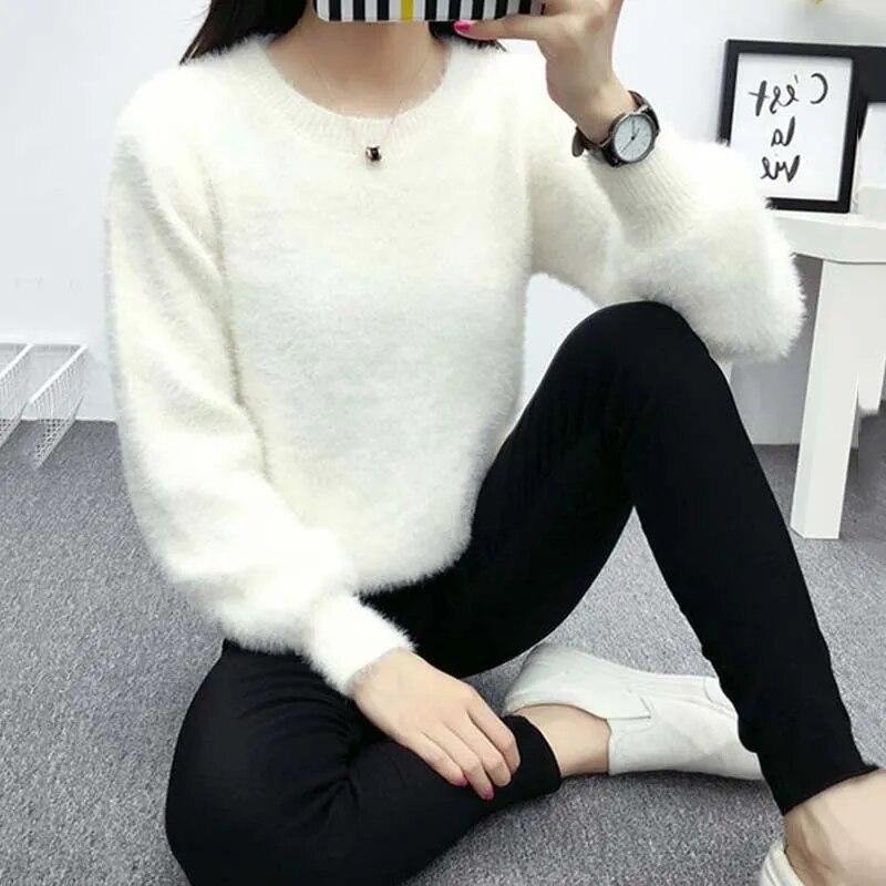 Mohai, dzianinowy, podstawowy, damski ciepły sweter z okrągłym dekoltem, różowy, krótki top, słodki, dojazdy, Casual, jesienno-zimowy sweter