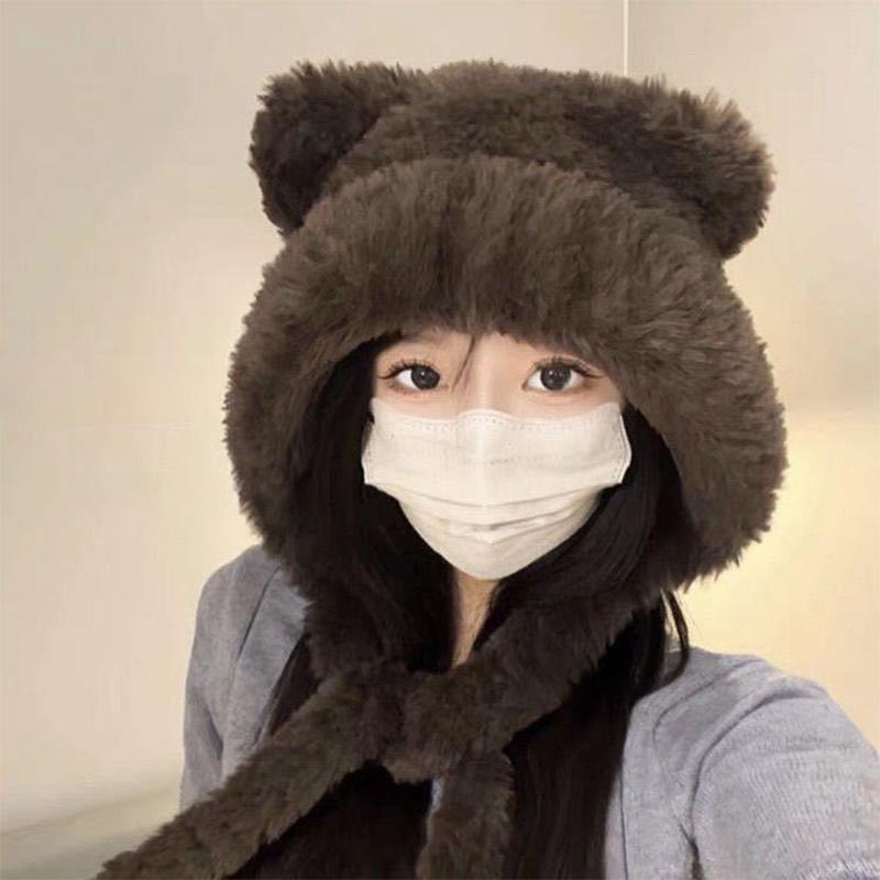 Autumn And Winter  Bear Ear Strap Lei Feng Hat Women'S Korean Cute Warm Ear Protection Knitted Wool Hat