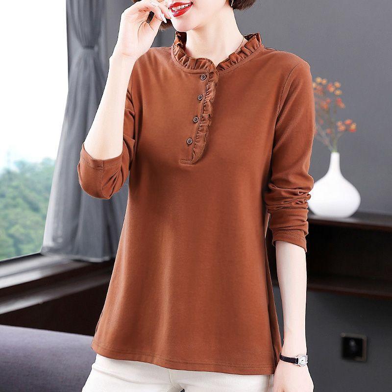Cotton Plus Size Bottoming Shirt Women's Spring and Autumn Middle-aged Mother Long-sleeved T-shirt Ladies All-match Top