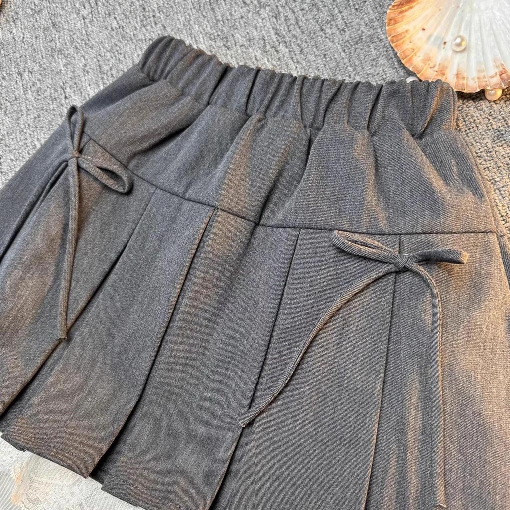 2025 Spring/Summer Girls' Korean Style Bow Lace Pleated Skirt Set